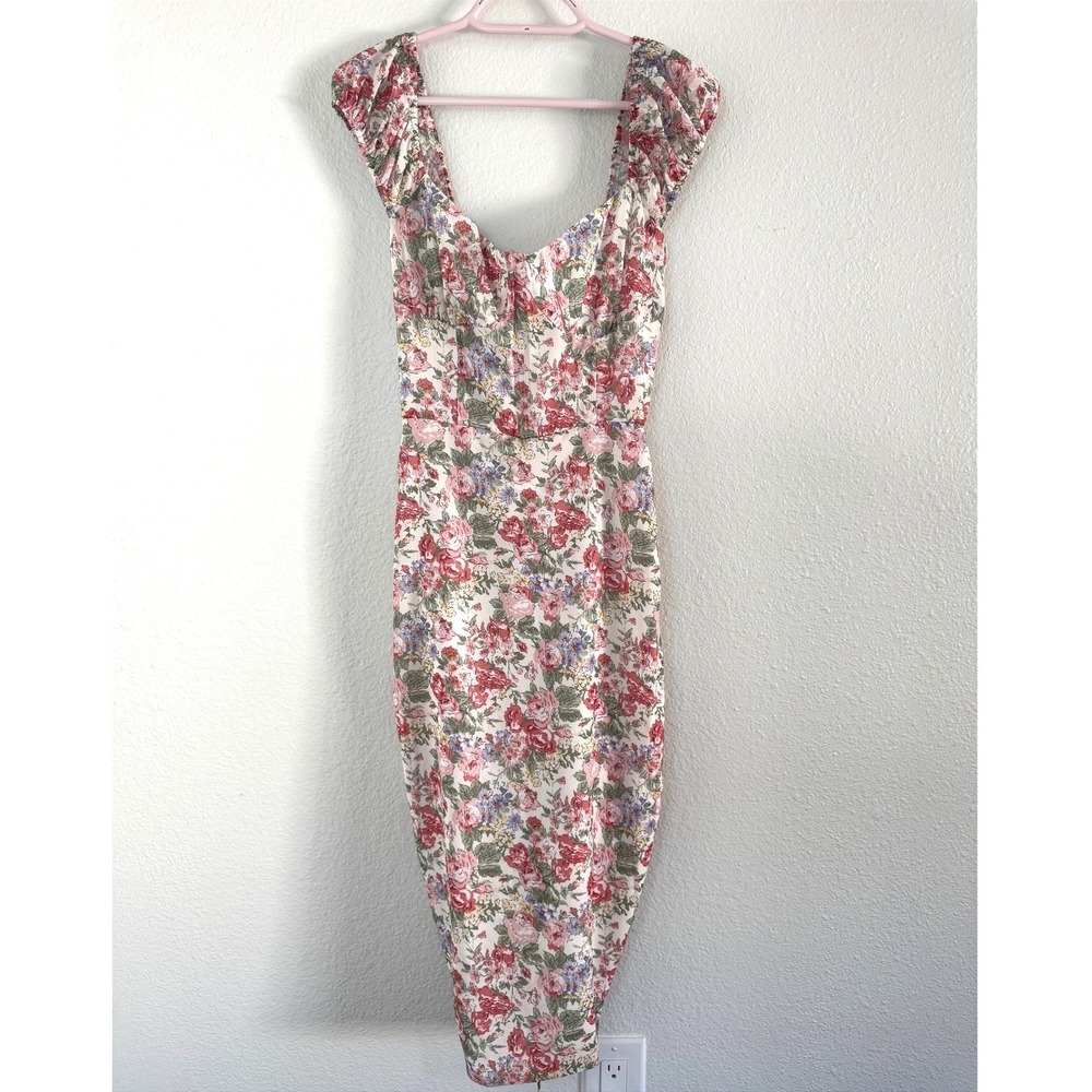 Sabo Floral Corset Midi Dress XS Pink Rose Ruched‎ Back Sweetheart Neck - Picture 2 of 8